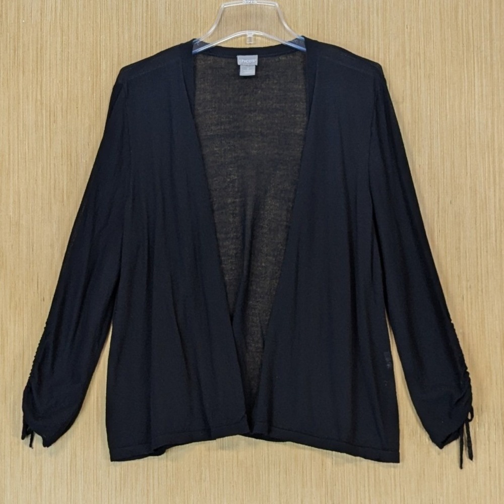Chicos Cardigan Sweater Womens XL Black Sheer Knit Open Front Ruched Sleeve Chic